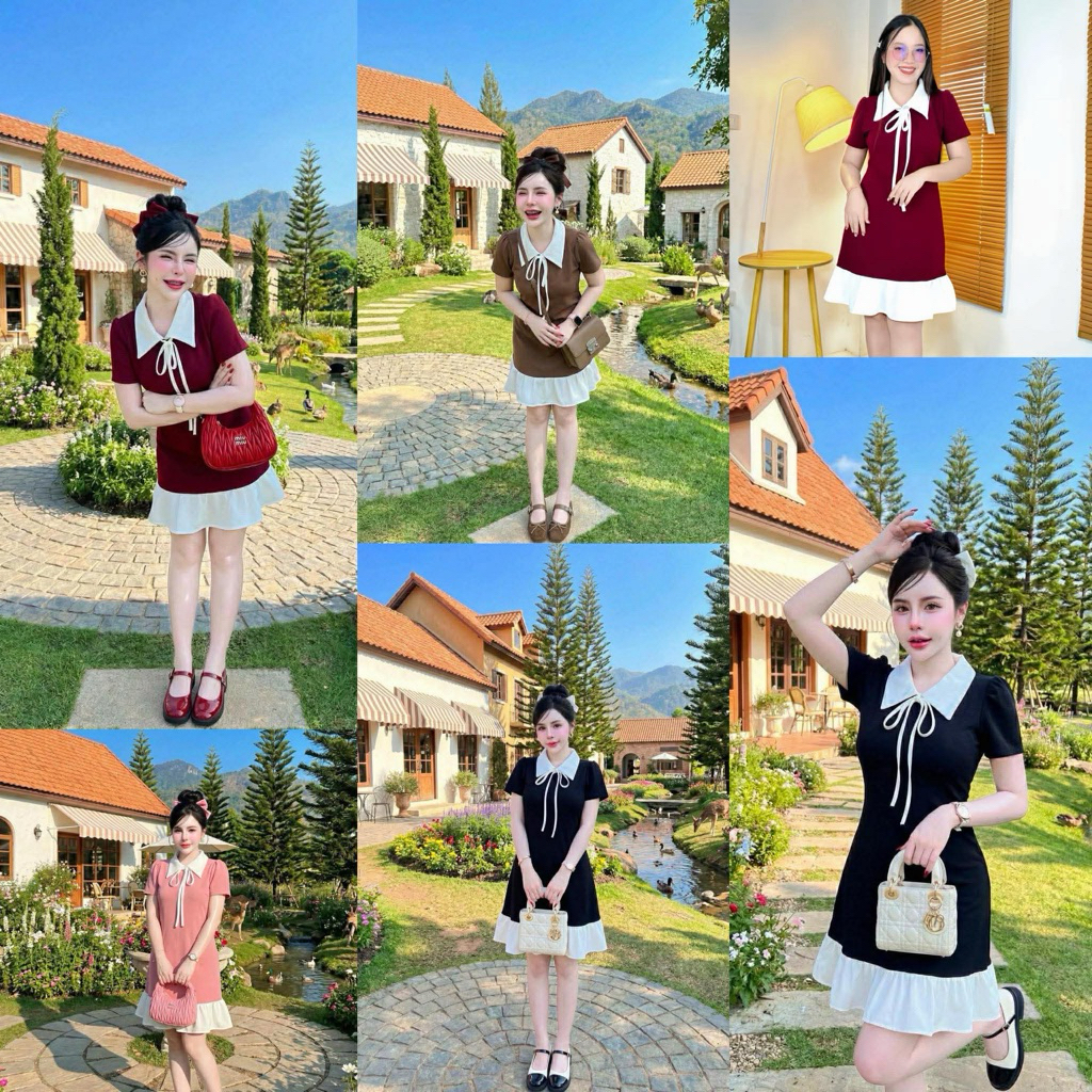 LR9_เดรสผ้ายืดคอปกแต่งเชือกผูกโบว์ ชายกระโปรงจับจีบ ใส่แล้วสวยน่ารักมาก