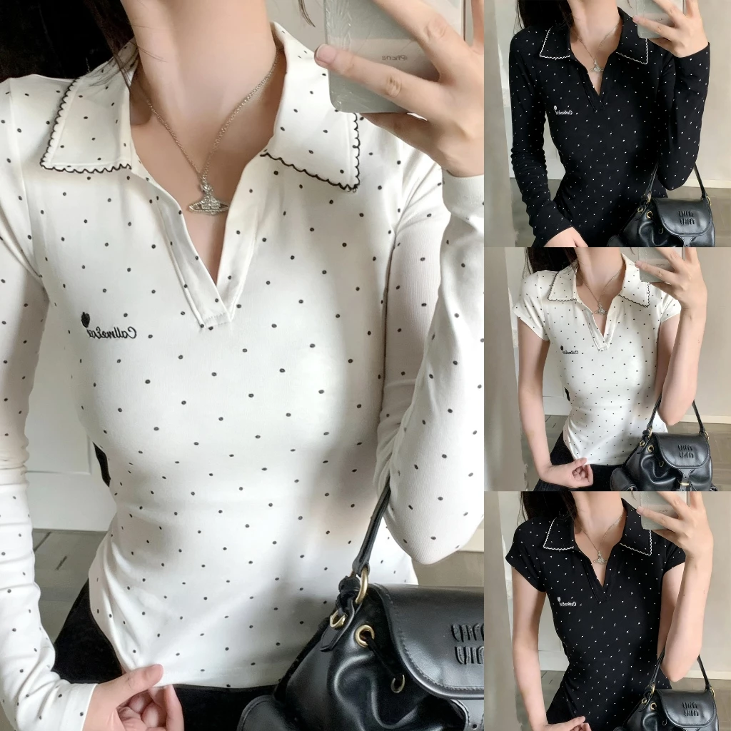 เสื้อโปโลปักลายจุดสีขาว แขนสั้นไหล่ตรง ทรงเข้ารูป ครอปสั้น สไตล์สาวแซ่บ รุ่นใหม่ปี 2026