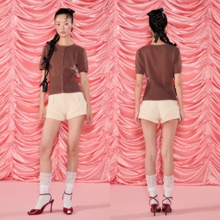 CHUUCHOP - (S-XL) Anna knit top เสื้อไหมพรมแขนสั้นจั๊มเอว ทูโทน (C8505)