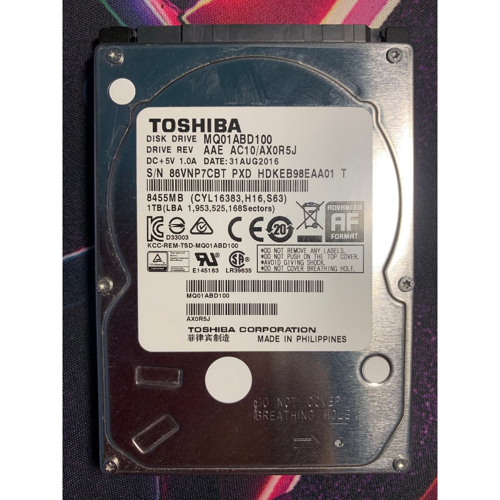 ฮาร์ดดิสก์ (HDD)  Toshiba รุ่น MQ01ABD100 ขนาด 2.5 นิ้ว 5400 RPM  ความจุ1TB SATA III Buffer/Cache: 8