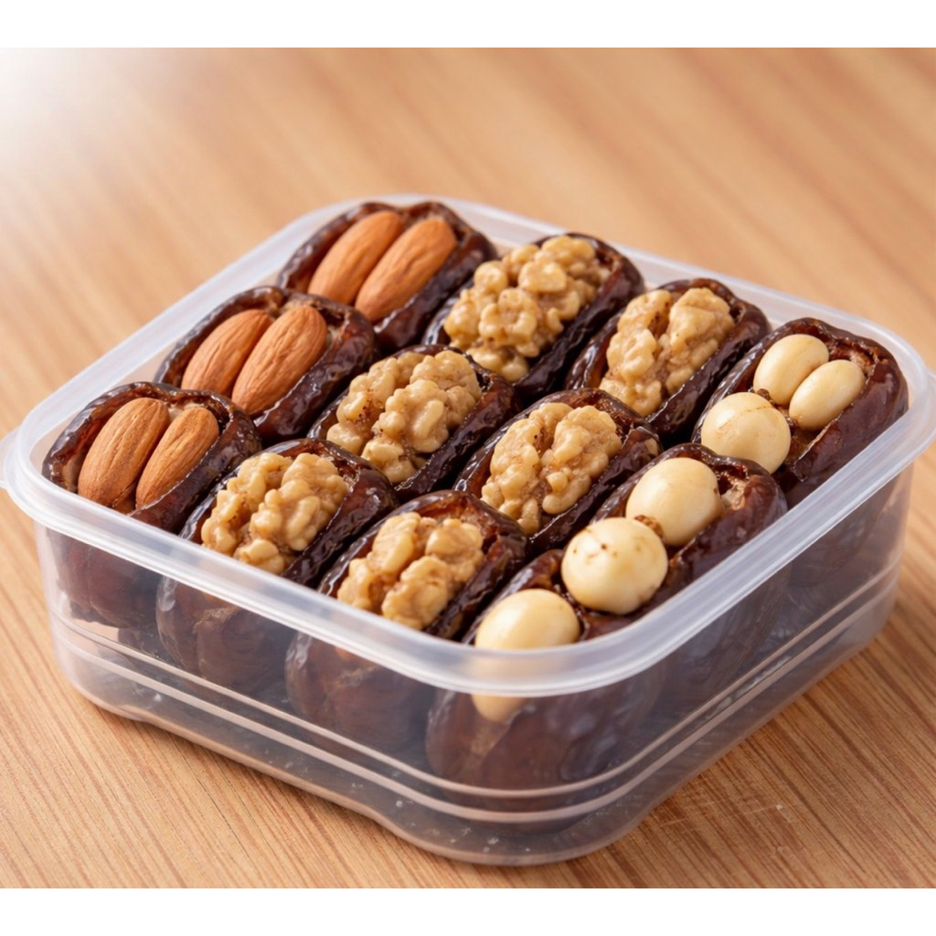 Fresh Dates and Mix almond, macadamia and walnuts 350gอินทผาลัม สอดไส้ อัลมอนด์ วอลนัท แมคคาเดเมีย กล่องนำมาใช้ใหม่ได้ ราคา ถูกที่สุด ดีลบีเคเค แกลเลอรีภาพที่ 2