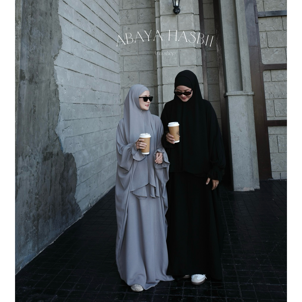 V.2  ABAYA Hasbii~ ชุดเซตอาบาย่า ทรงคางคาวพร้อมผ้าคลุมผ้าสลาฟงานแขนจ้ำ🛒✨