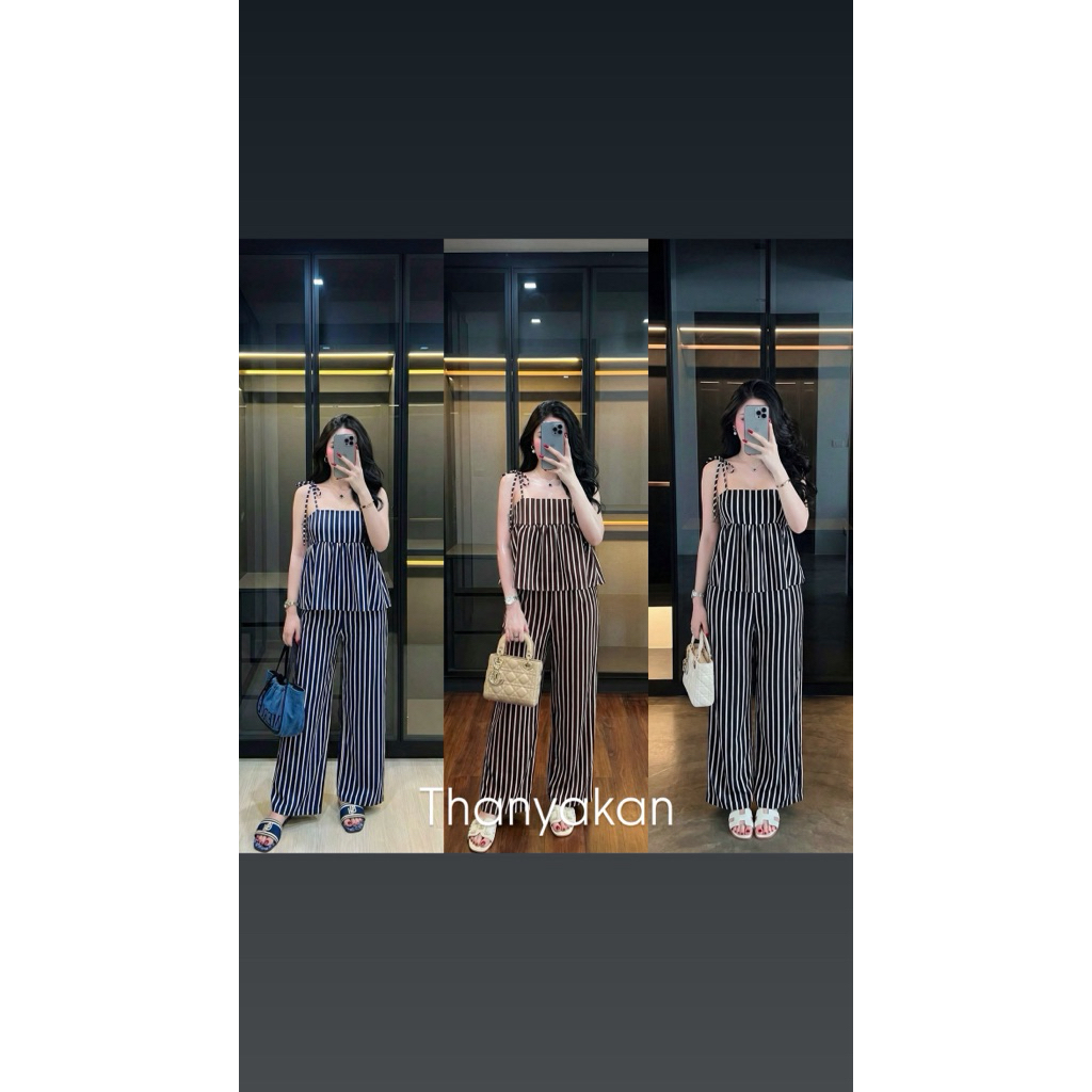 Set 2 ชิ้น ผ้าพลิ้วปรับสายได้ตามใจชอบ ลายทางพลางหุ่นสับๆเลยจ้า อวบใส่ได้จ้าสบายมาก
