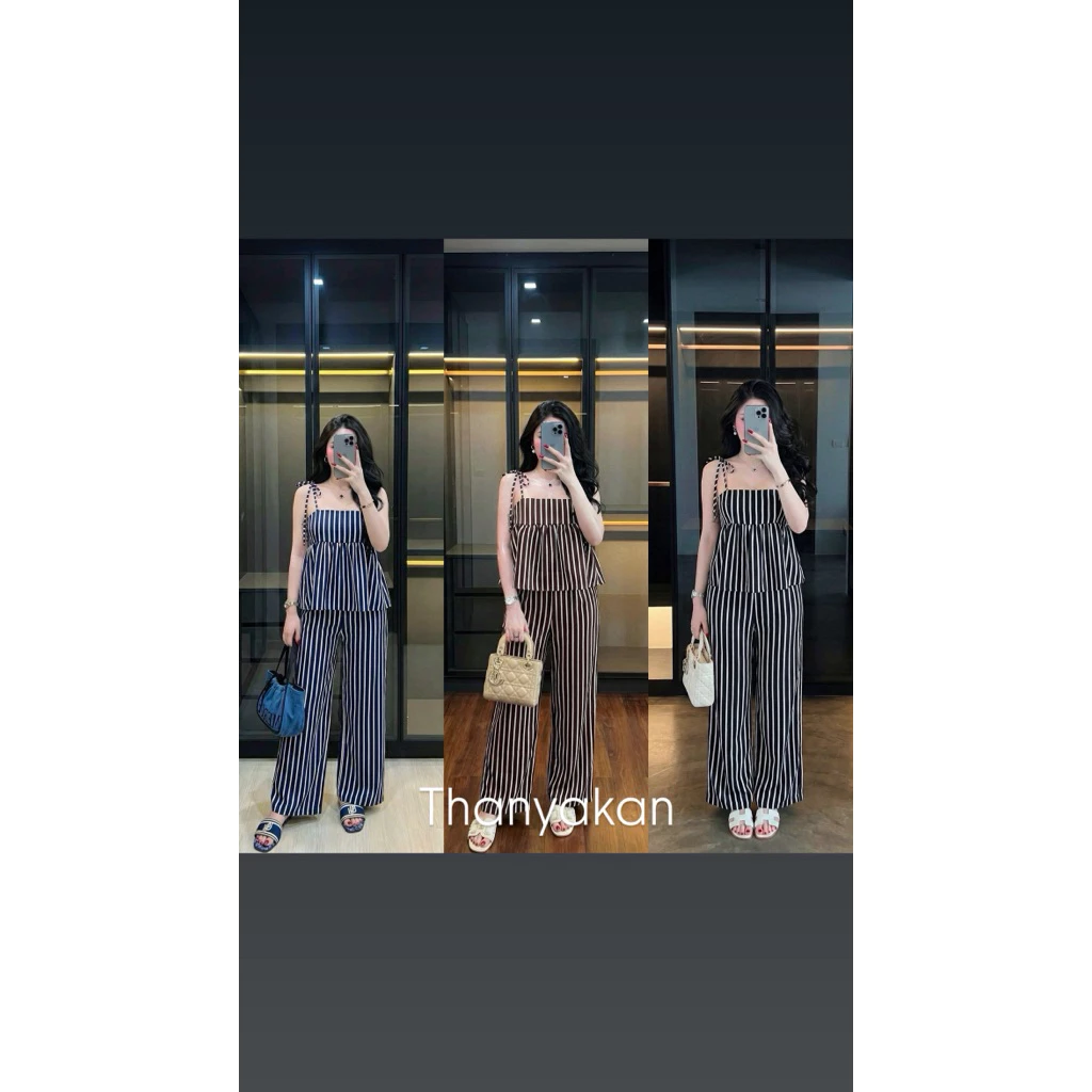 Set 2 ชิ้น ผ้าพลิ้วปรับสายได้ตามใจชอบ ลายทางพลางหุ่นสับๆเลยจ้า อวบใส่ได้จ้าสบายมาก