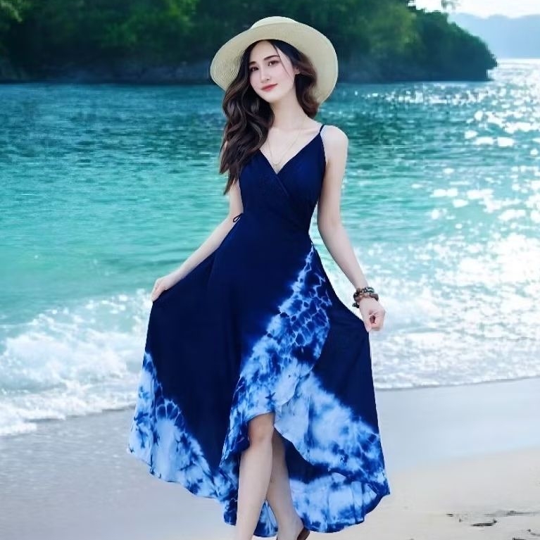ชุดมัดย้อมสีสวยสดใส ผ้าพริ้ว ใส่สบายไม่ร้อนสายเดี่ยวผูกไหล่ เอวแบบผูกปรับได้