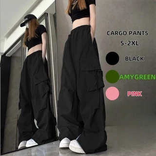 กางเกงทำงานสีดำเอวสูงกางเกงกีฬาลำลองทรงหลวม กางกางผู้หญิงwomen cargo pants กางเกงคาร์โก้ พร้อมส่งจากกทม
