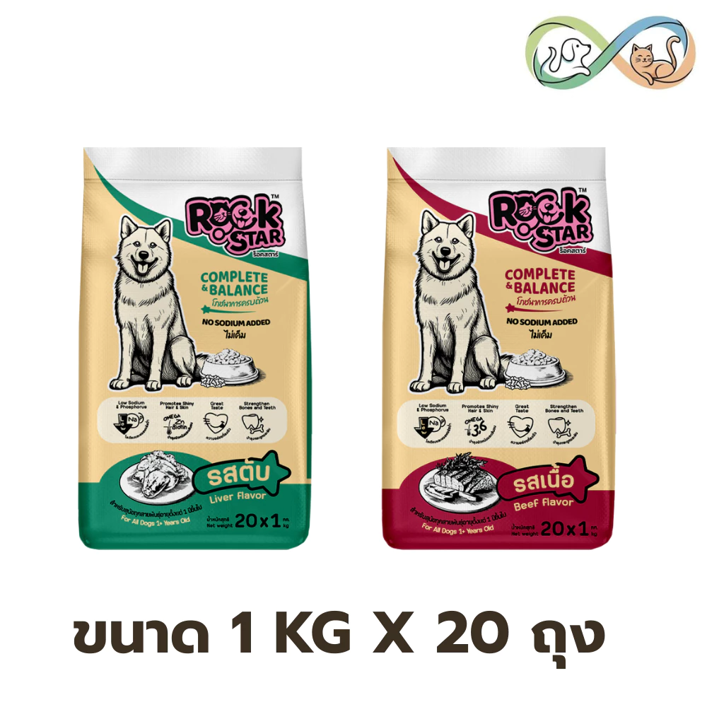 Rockstar ร็อคสตาร์ อาหารสุนัข แบบมีแพ็คเกจ 1kg x20 ถุง โปรตีน 18% มีรสเนื้อ และรสตับ สูตรไม่เค็ม