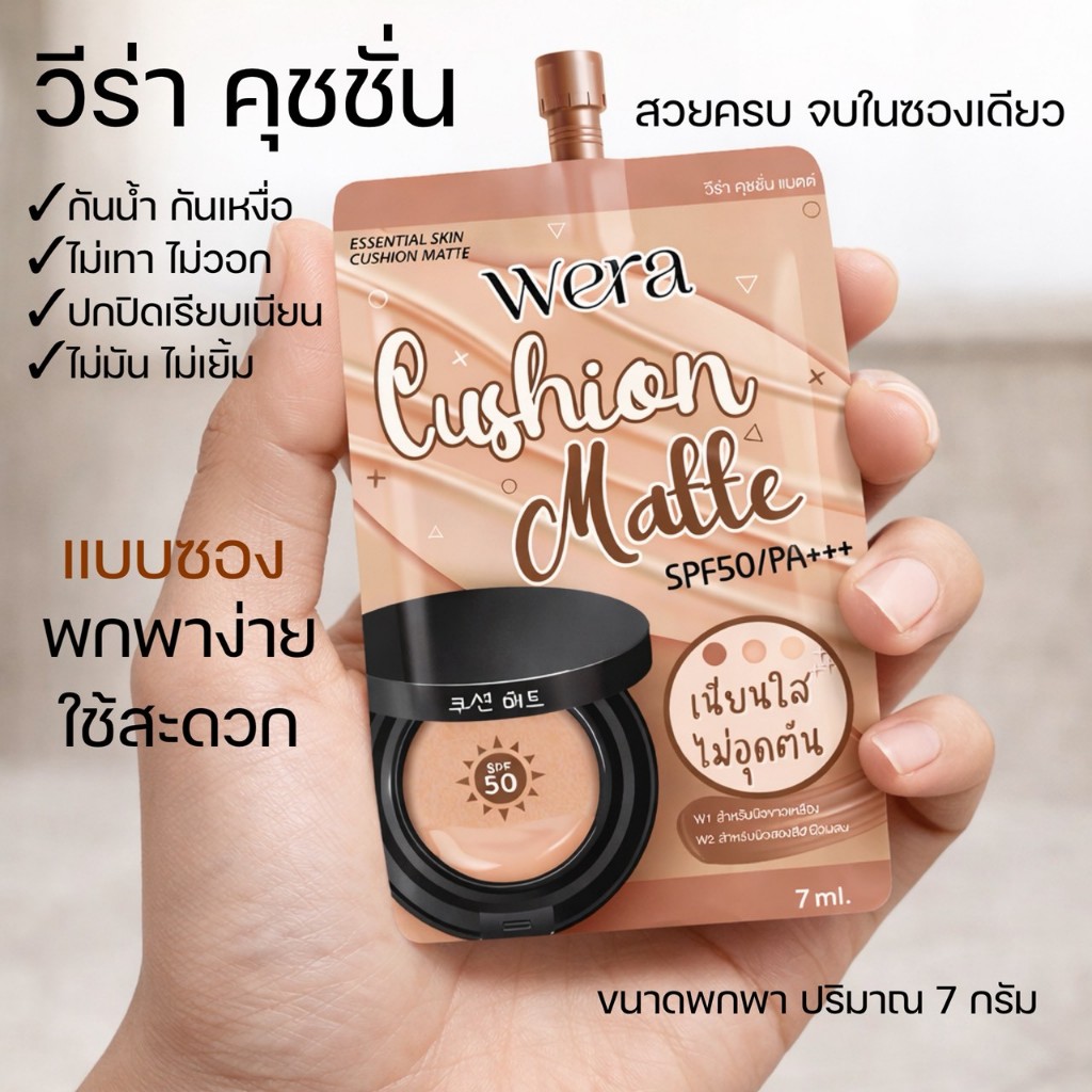 WERA วีร่าคุชชั่น 1 ซอง คุชชั่นเนื้อแมตต์ ปกปิดคุมมัน ไม่วอก ไม่ลอย ขนาด 7 กรัม