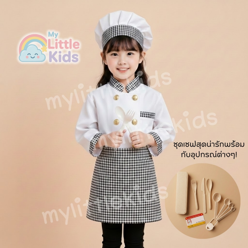 ชุดเชฟเด็ก ผู้หญิง ชุดกุ๊กจิ๋ว แขนยาว พร้อมหมวกและผ้ากันเปื้อนลายสก็อต สำหรับเด็ก 110-135 cm (แถมฟรี! ชุดอุปกรณ์ทำอาหาร)