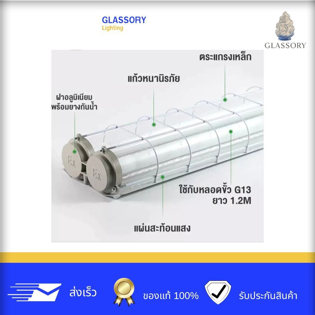 GLASSORY โคมโรงงานอุตสาหกรรม LED ขั้ว G13 (แบบ 1 หลอด / 2 หลอด) ป้องกันน้ำและฝุ่น IP65 – ไม่รวมหลอด