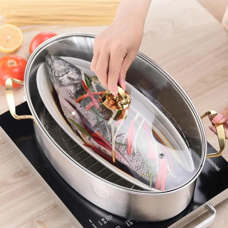หม้อนึ่งปลาสแตนเลส 33cm หม้อนึ่งปลาสแตนเลส304 ฝากระจก มองเห็นข้างใน