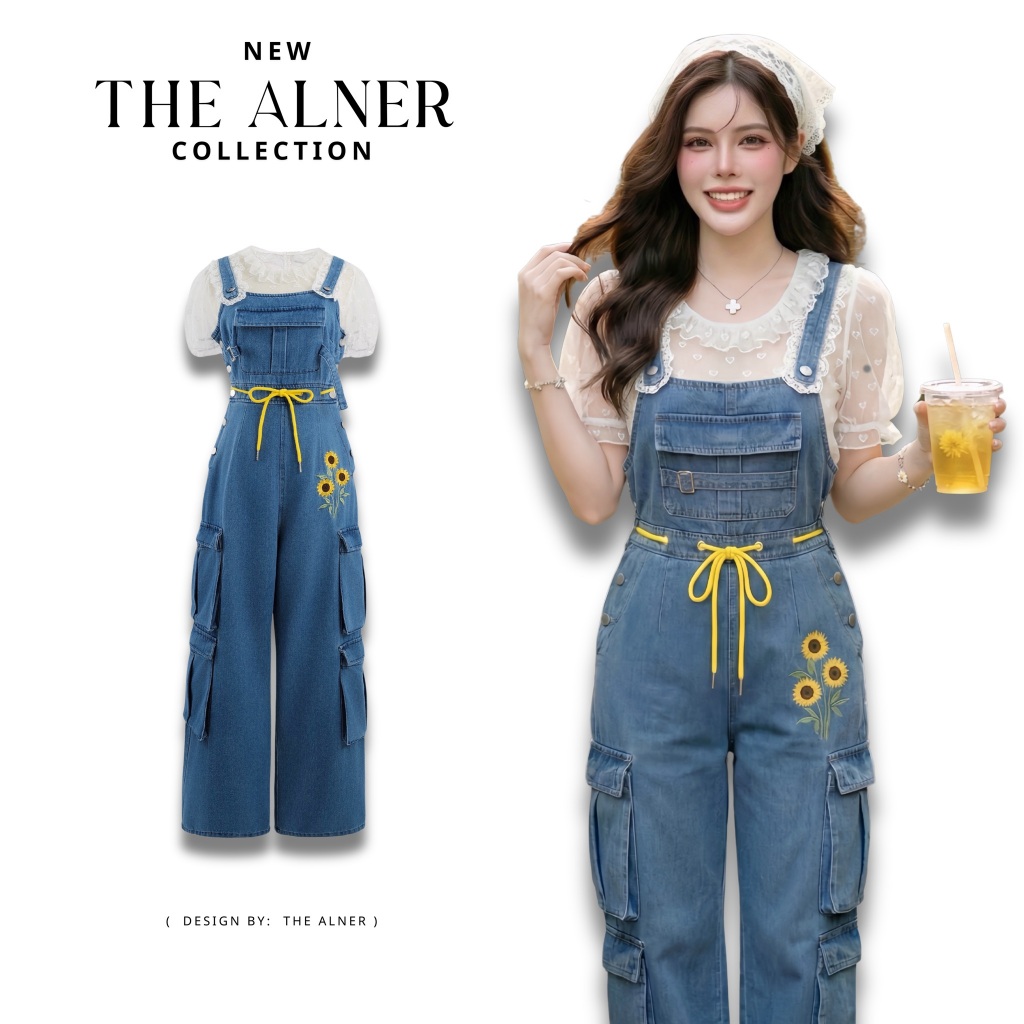 Thealner-B2 (จั้มยาวยีนส์ปักดอก+เสื้อลูกไม้ขาว)