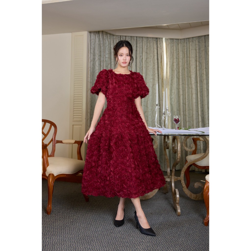 NOOZZSHOP 7911478 เดรสยาวผ้าลายดอกกุหลาบ แขนตุ๊กตาพองๆ มีซิปซ่อนด้านหลัง - รูปที่ 5