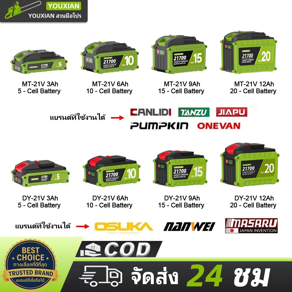 YOUXIAN แบตเตอรี่ลิเธียม 21V 21700 3Ah/6Ah/9Ah แบตเตอรี่เครื่องมือไฟฟ้าไร้สาย แบตเตอรี่สว่าน Li-ion 