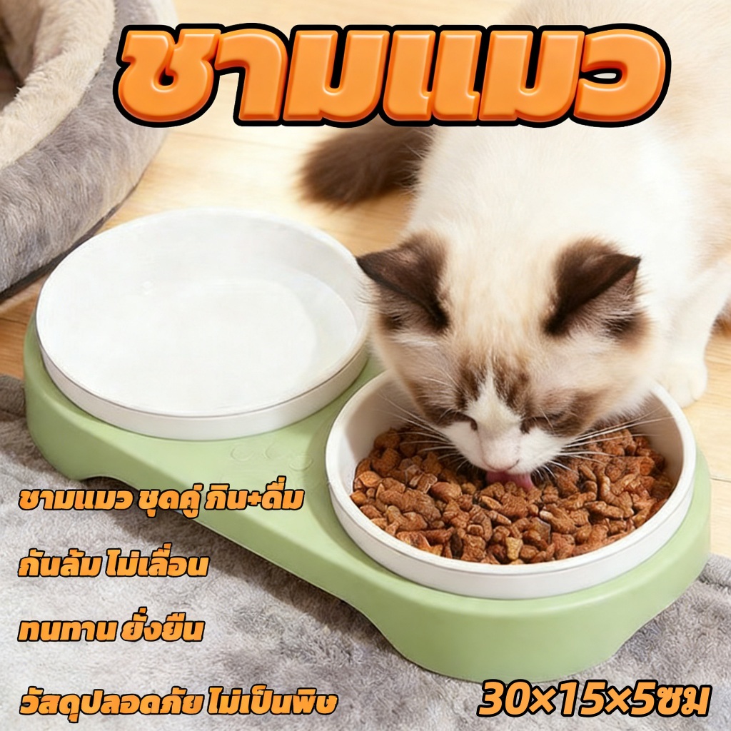 ชามอาหารแมว ชามแมวกันมด ชามหมา การออกแบบชามคู่ ใช่ได้ตั้งกินและดื่ม ดสีสดใสน่ารัก