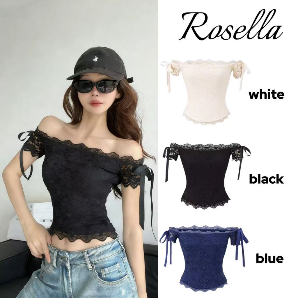 Rosella【สินค้าใหม่👗】เสื้อยืดผ้าลูกไม้ถักเปิดไหล่ สไตล์หวานอ่อนหวานและดูดี ทรงเข้ารูปเซ็กซี่ สั้นและสง่างาม