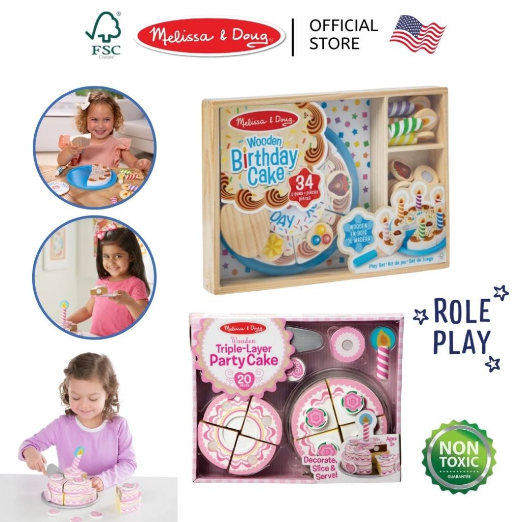 (ของแท้ USA) ของเล่นเค้ก ของเล่นทำอาหาร Wooden Birthday Cake & Party Cake Melissa  Doug แต่งหน้าเค้ก