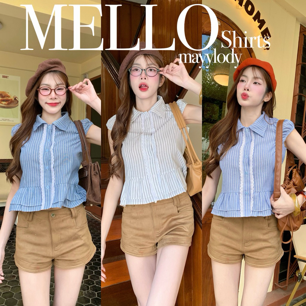 💓mayylody💓MELLO TOP เสื้อเชิ้ต เสื้อคอปก แขนกุด เเต่งระบายลูกไม้ ลายสก็อตสุดฮิต สไตล์เกาหลี 🌷🪞🛍️🌸 เชิ้ต เสื้อลายสก็อต