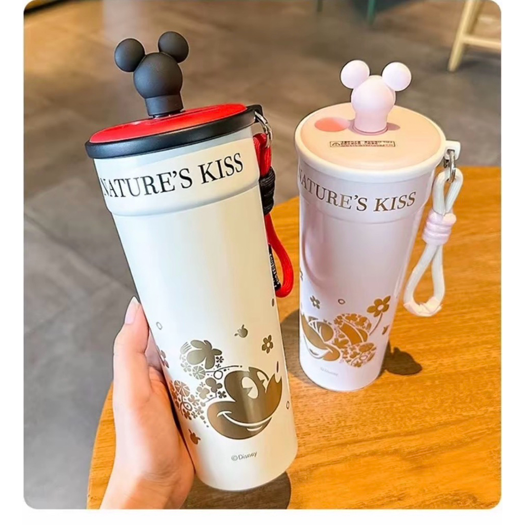 พร้อมส่ง แก้ว Mickey Mouse แก้วเก็บความเย็น สแตนเลส316 มีจุกปิดหลอด และที่เก็บจุกขณะใช้งาน มียางรองแก้วกันรอยถลอก