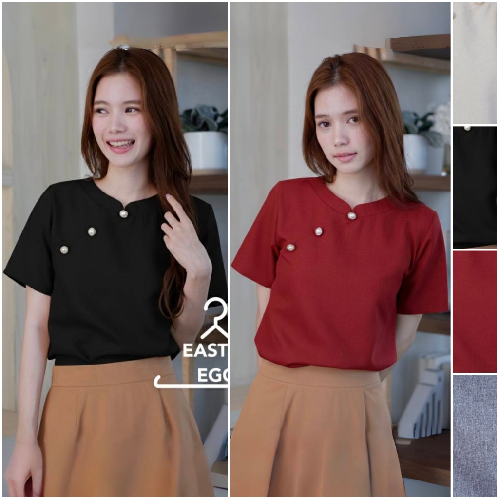 D22 เสื้อทํางานผู้หญิง แขนสั้น คอปกจีน สไตล์มินิมอล แต่งกระดุม เสื้อแดง เสื้อดำ Easter Egg