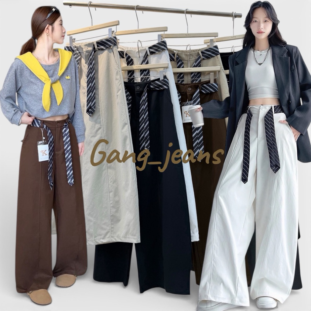 Gang_jeans#9365(K)กางเกงขายาว ทรงขากระบอก ซิปหน้า แต่งกระดุมหน้า+ฟรีเข็มขัดเนคไท