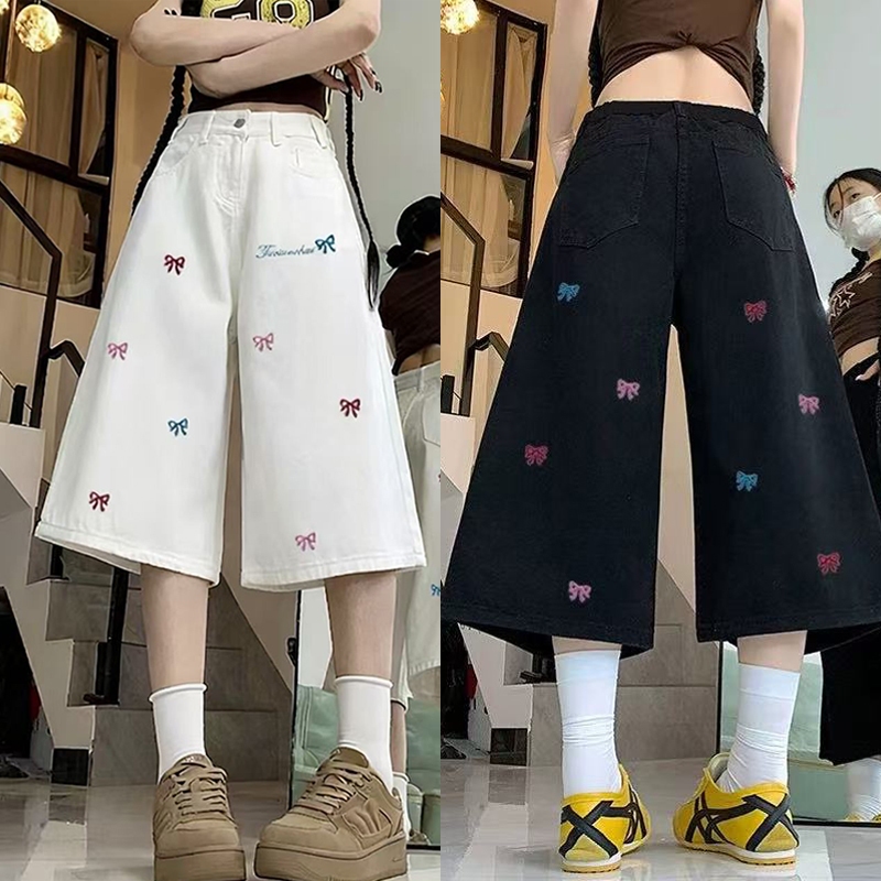 S-10XL กางเกง 7 ส่วน 4 กระเป๋า ปักโบว์สุดน่ารัก ผ้านิ่มใส่สบายระบายอากาศได้ดี