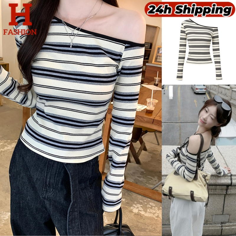 HOT พร้อมส่ง เสื้อเปิดไหล่แขนยาว ลายทางสีครีมยืดใส่ง่าย เที่ยวทำงานสบาย FY6950