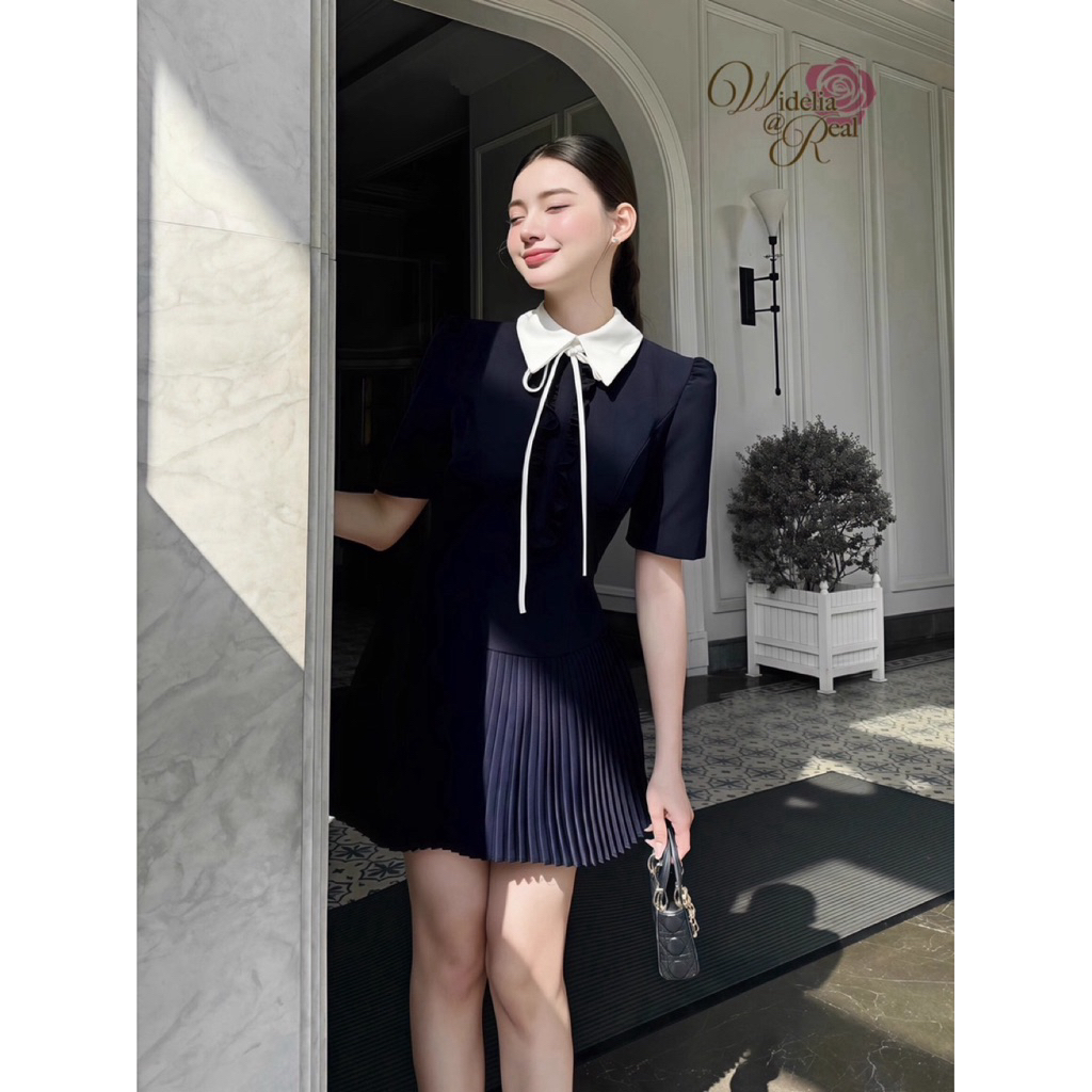 🌟 เดรสแขนสั้น ปกคอสีขาว ผูกโบว์ (widelia@real)🌟