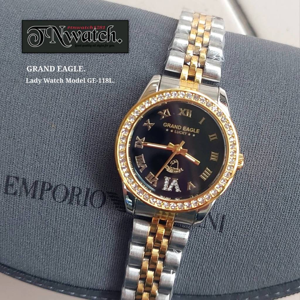 GRAND EAGLE รุ่น GE-118L นาฬิกาผู้หญิง นาฬิกาข้อมือแฟชั่น สำหรับสตรีใส่ได้ืทุกวัย ลาย2Kล้อมเพชรสุดเก๋ กันน้ำ แท้100%