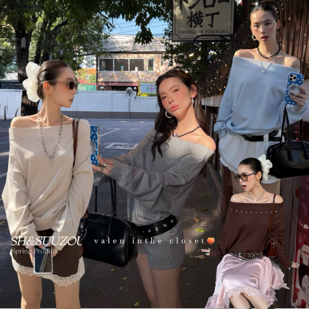 ส่งด่วน 🛵 MMFISH 𝗦𝗧𝗨𝗗𝗗𝗘𝗗 𝗘𝗗𝗚𝗘 𝗦𝗪𝗘𝗔𝗧𝗘𝗥 เสื้อสเวตเตอร์ปาดไหล่ทรงโอเวอร์ไซส์