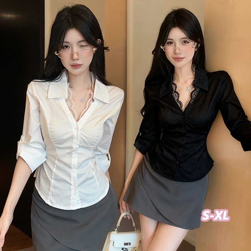 Anna_fashion เสื้อเชิ้ตแขนยาวผ้าลูกไม้สีดำ เข้ารูปช่วงเอว เซ็กซี่และเข้ารูปสวยงาม 99336