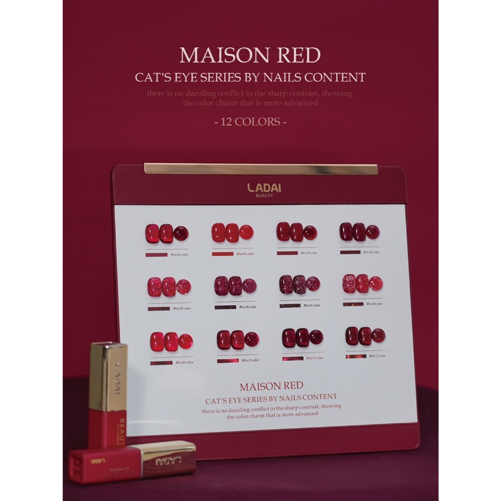 Maison Red cateye 12 สี Ladai x Nail Content 2026 พร้อมชาร์จสำเร็จรูปและแท่นวาง