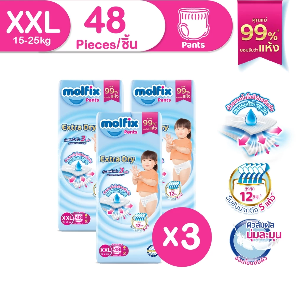 Molfix กางเกงผ้าอ้อมโมลฟิกซ์ เอ็กซ์ตร้า ดราย แพ้นส์ XXL 48 ชิ้น x3 (ยกลัง)