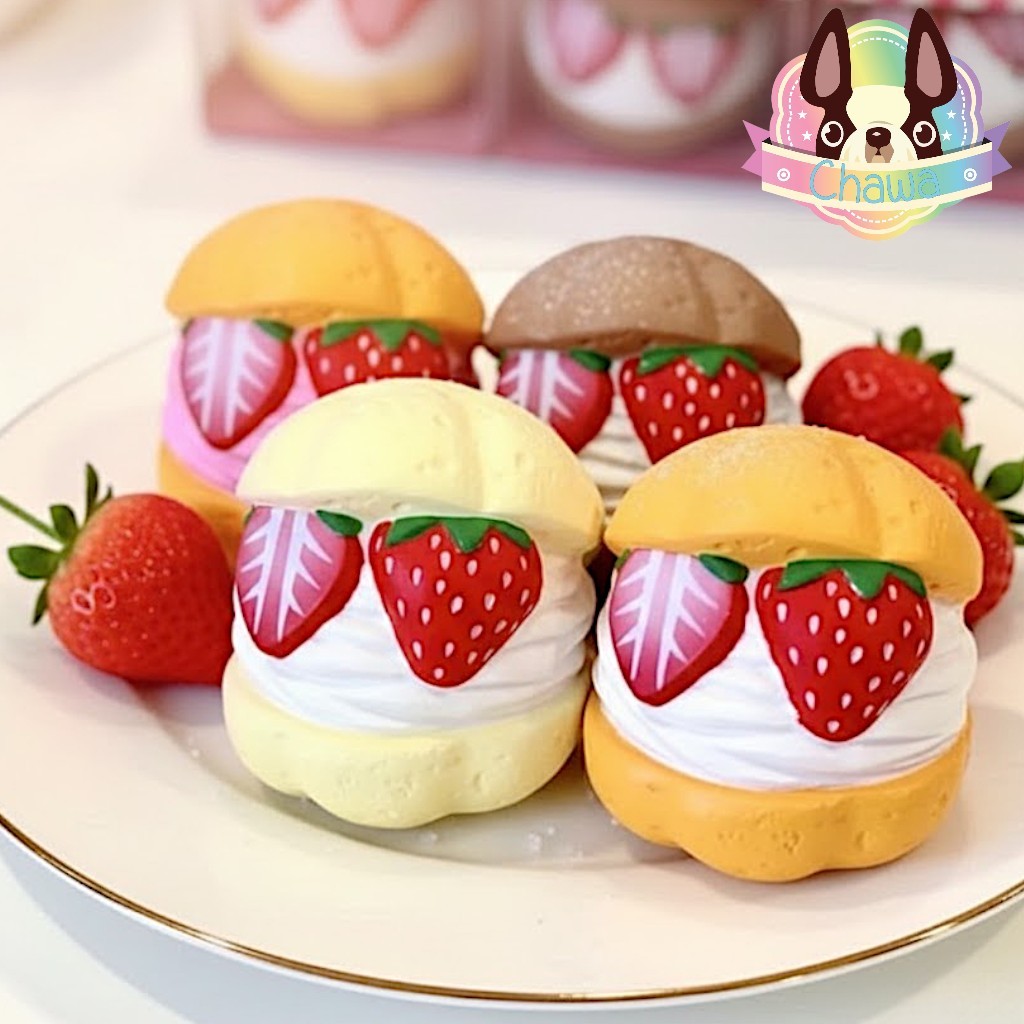 🚚พร้อมส่งจากไทย⭐🌈 สกุชชี่ Chawa Strawberry Puff Squishy🍓🧁