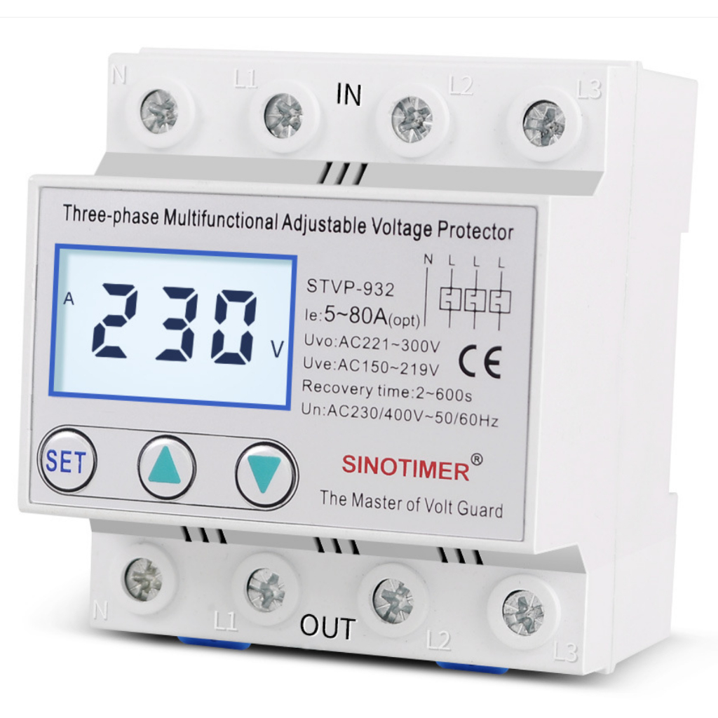 SINOTIMER  STVP 932 AC 380V ป้องกันไฟตก ไฟเกิน อุปกรณ์ป้องกัน ต่ำกว่าปกติแบบปรับได้ 3 เฟส AC 380V 3P+N STVP-932