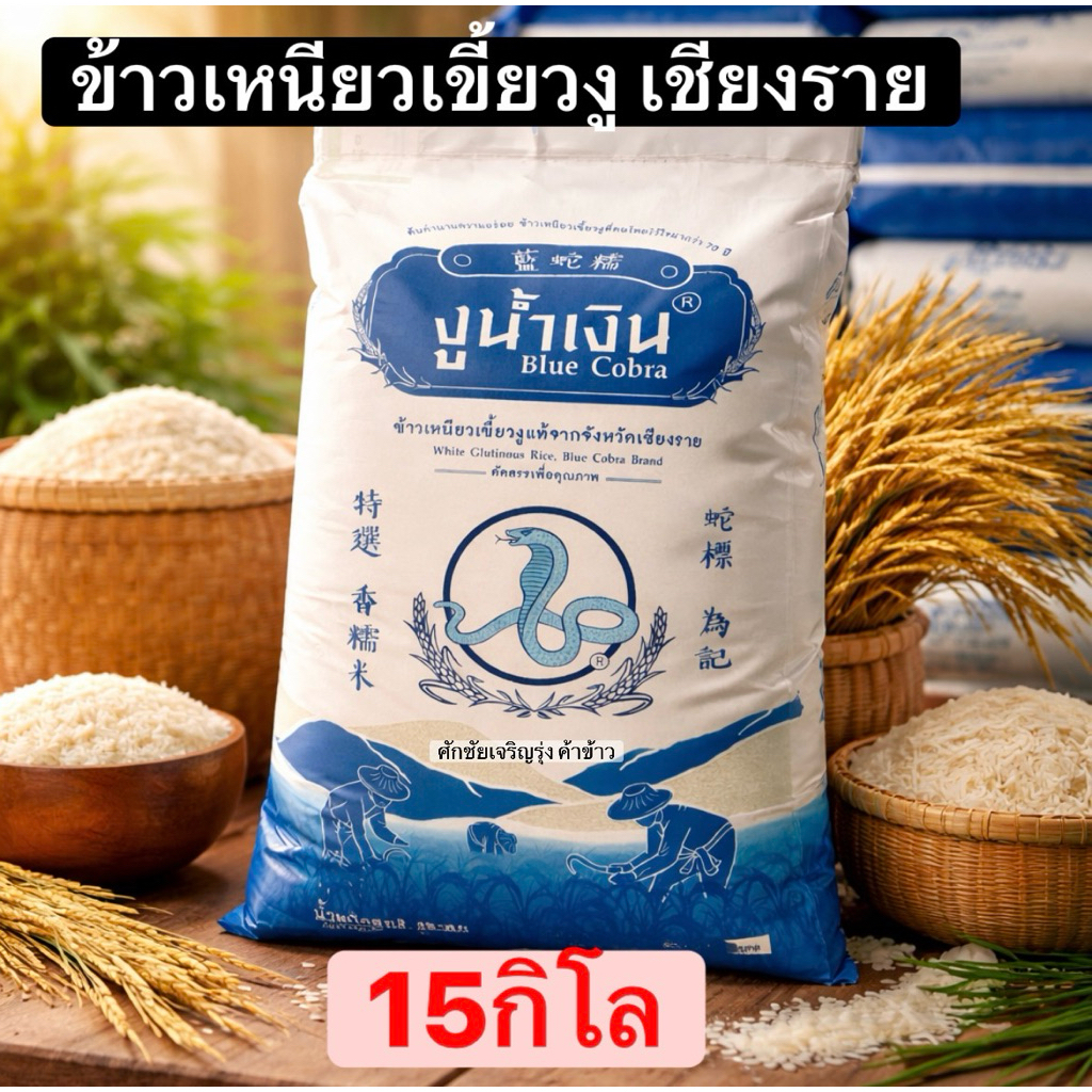 ข้าวเหนียวเขี้ยวงู ตรางูน้ำเงิน ขนาด15กิโล (แพ็คใส่กระสอบขาว)ข้าวเหนียวมูน ข้าวเหนียวมะม่วง