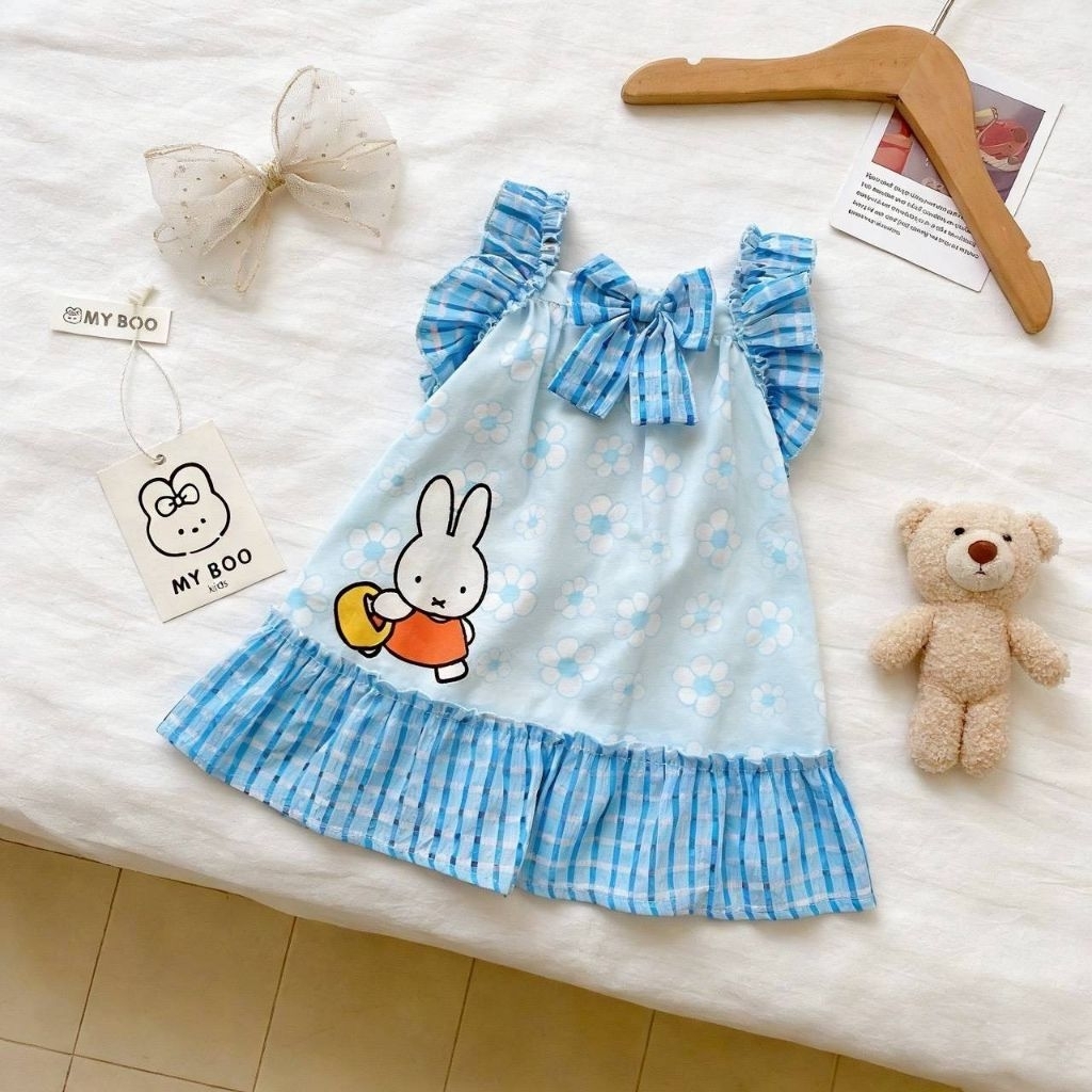 ✈️Preorder👧🏻🐰ชุดเดรสเด็กผู้หญิง กระต่าย miffy สีฟ้าลายดอก น่ารักกก ผูกโบว์ งานจีน🇨🇳