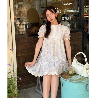 cherie dress 🌷💕🫶🏻ชุดเดรสลายดอกไม้ วินเทจ หวานพาสเทล แขนพอง กระโปรงระบาย สไตล์เกาหลี ใส่เที่ยว