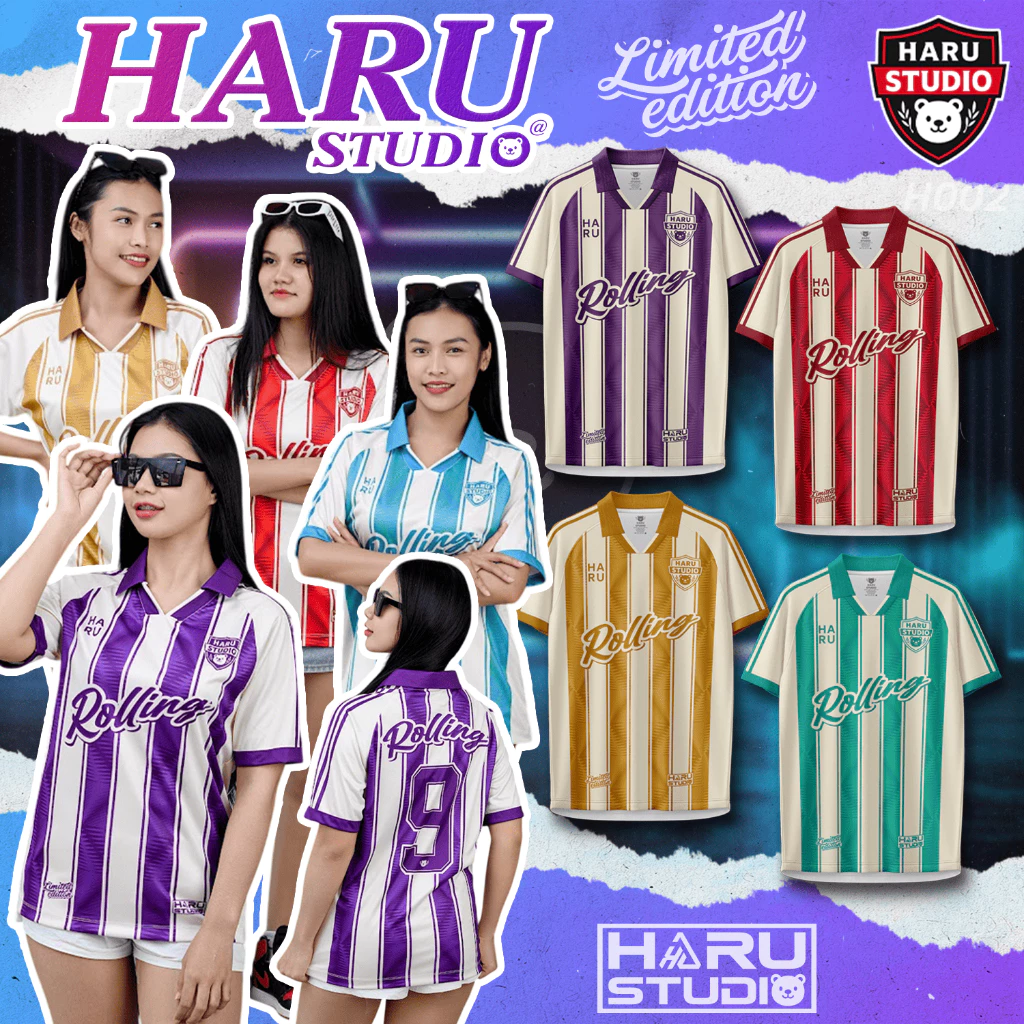 HARU เสื้อกีฬาคอปกพิมพ์ลาย Rolling ใส่ได้ทั้งหญิงและชาย ผ้าพิเศษ ไม่ต้องรีด