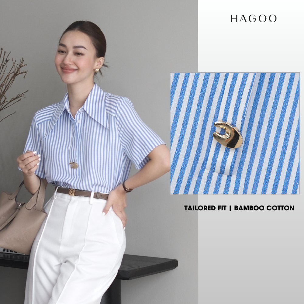 HAGOO เสื้อเชิ้ตลายทาง คอปก ดีไซน์สุภาพ กระดุมทอง [A669]