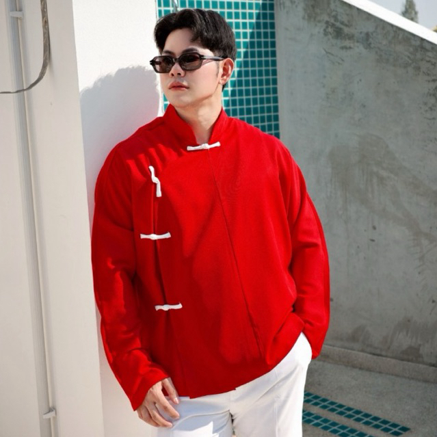 Amtar เสื้อเชิ้ตสไตล์จีน 2026 แขนยาวสีแดง ดีไซน์กระดุมจีน คอลเล็กชั่นตรุษจีน 2026 ขนาด M/L/XL ผ้าไหม