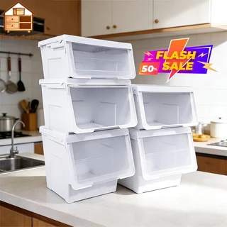 【45L】กล่องเก็บของประตูเปิดด้านข้าง กล่องพลาสติก ฝาสไลด์ (ขนาดใหญ่) - ใช้เก็บของ มีฝาหน้า