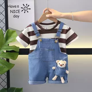 BEAR BABY ชุดเอี๊ยมยีนส์เด็กแฟชั่น ชุดเซตเอี๊ยมยีนส์เด็ก ลายแถบทาง แขนสั้น ตุ๊กตาหมี สำหรับเด็กเล็ก ไซส์80-110