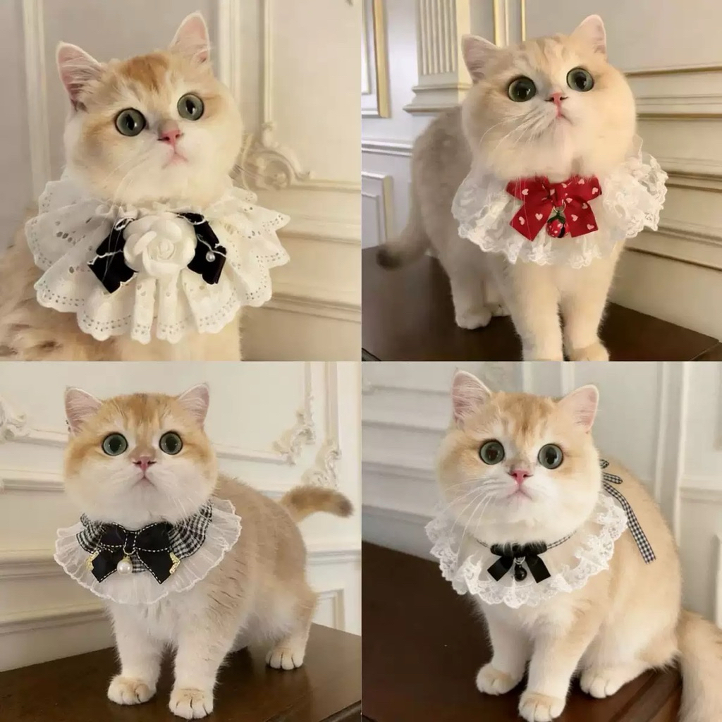 ผ้าพันคอแมว ผูกโบว์ ปลอกคอสัตว์เลี้ยง เอี๊ยม พิมพ์ลายลูกไม้ ประดับโบว์ สไตล์อังกฤษย้อนยุค แมวนางฟ้า สุนัขตัวเล็ก