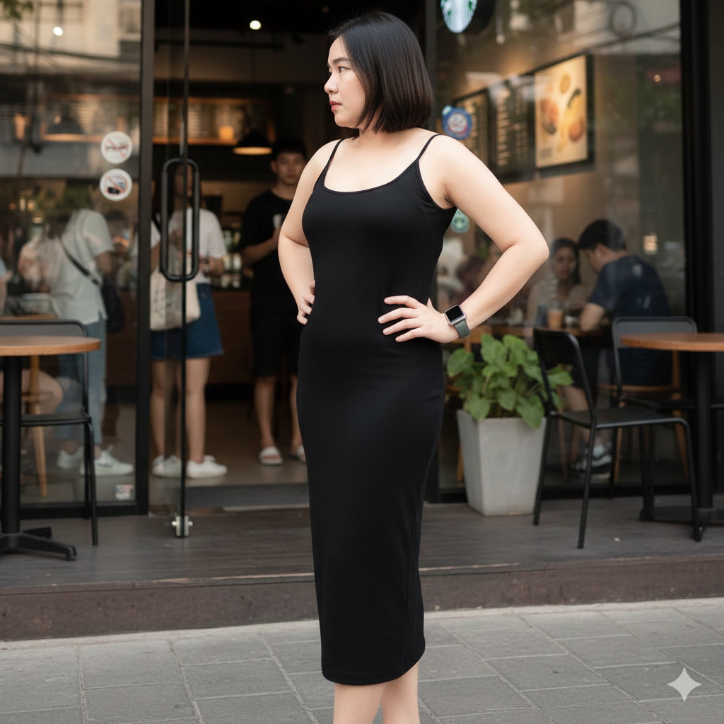 { สายเดี่ยวเว้าเดรส (ยาว) XXL } ชุดเดรสคอเว้า ยาวคลุมเข่า แบรนด์ CHOTYSHOP สินค้าผลิตในไทย BALLX.A
