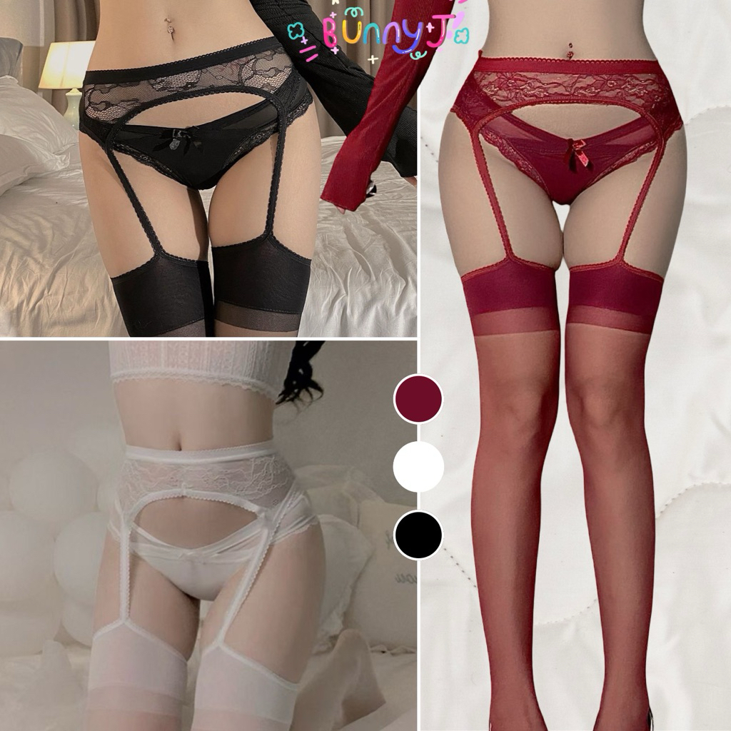 BunnyJ.🎀 พร้อมส่งในไทย ถุงน่องลูกไม้แบบสายรัด ✨ ลุคเซ็กซี่ขี้เล่น สวยจึ้งใจเจ็บ 💖 แมชได้หลายลุค พร้อ