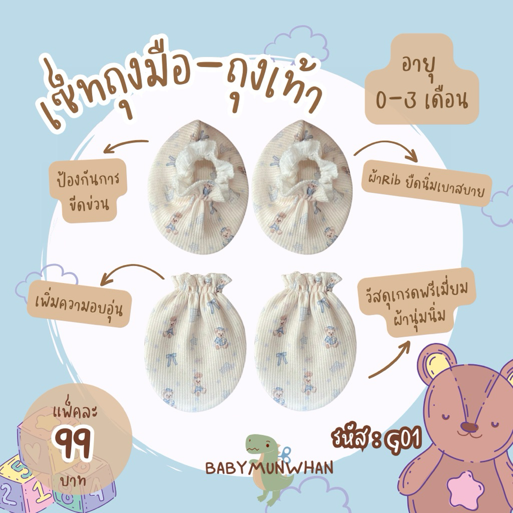 เซ็ทถุงมือถุงเท้าเด็กแรกเกิด-3เดือน ลายน่ารัก