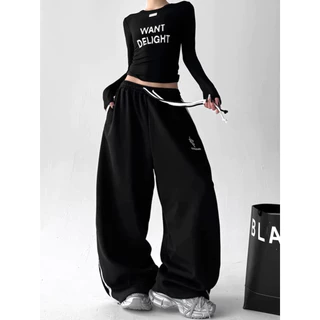 [Embroidery, striped casual pants]สไตล์อเมริกันวินเทจผู้หญิงเย็บปักถักร้อยเทรนด์สบาย ๆ ลายกางเกงขากว้าง