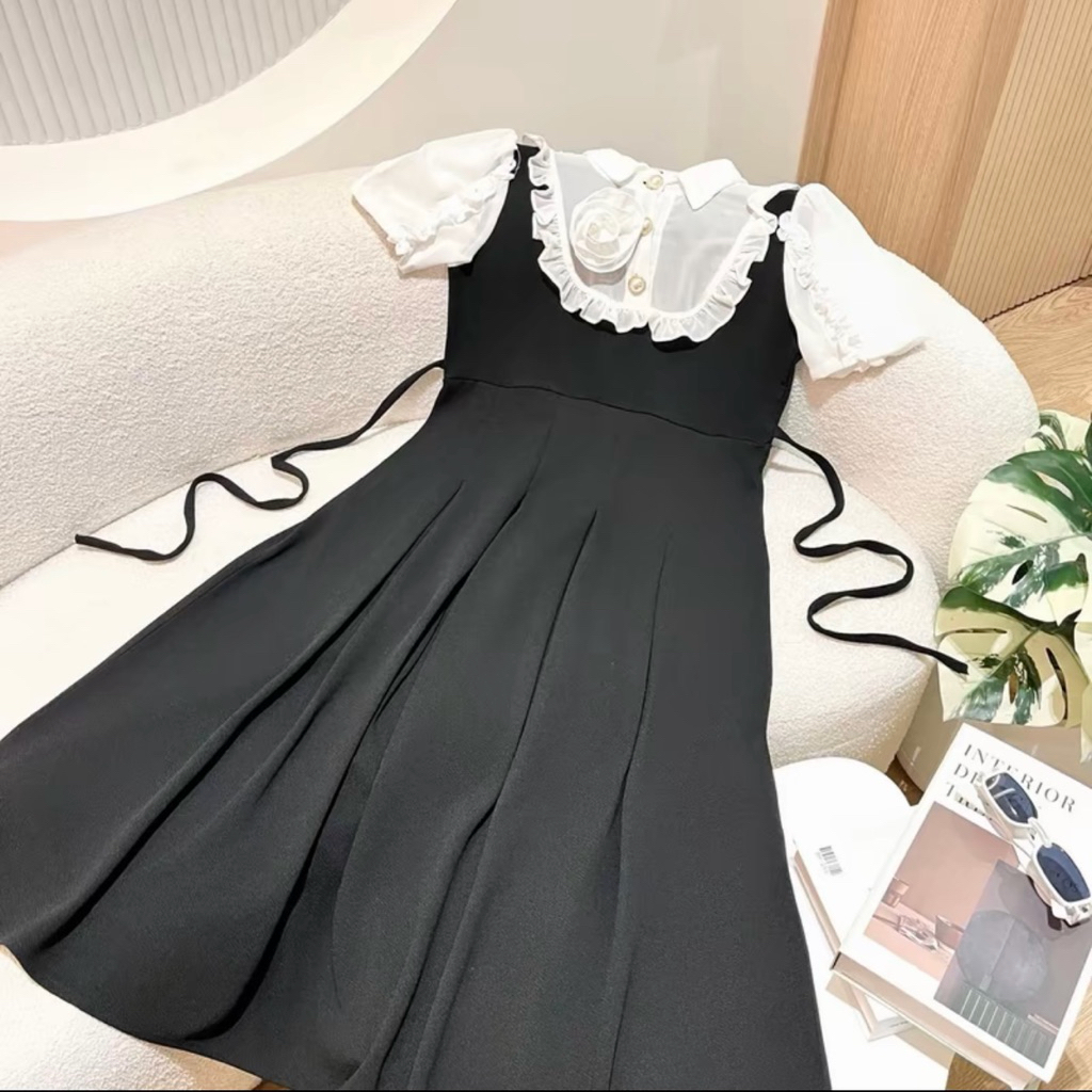 เดรสเจ้าหญิง เดรสคุณหนู เดรสยาวผ้าวูลเวฟ แขนตุ๊กตาผ้าซีฟองแต่งระบายแต่งดอกกุหลาบอก แบรนด์ sugario