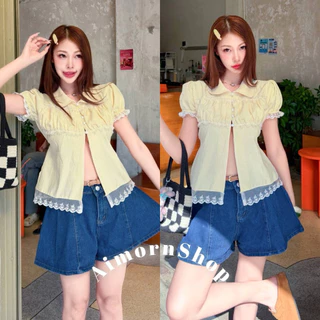 🔥aimorn_shop🔥 เสื้อคอปกแขนตุ๊กตา แต่งระบาย ดีเทลน่ารักๆ แหวกด้านหน้าเพิ่มความเซ็กซี่ มีเชือกผูกหลังเก๋ๆ เนื้อผ้าใส่สบาย